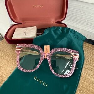 Authentic Gucci Pink Glitter Sunglasses with Green Lenses and Iconic Stripe